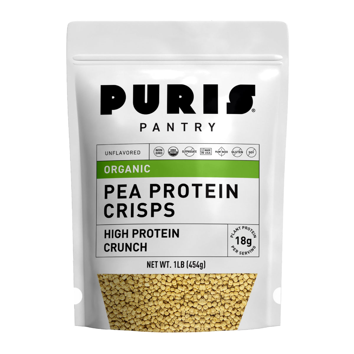 PURIS crisps de proteína de guisante en empaque visible, snack proteico para llevar