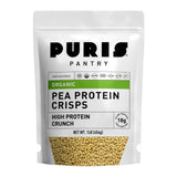 PURIS crisps de proteína de guisante en empaque visible, snack proteico para llevar