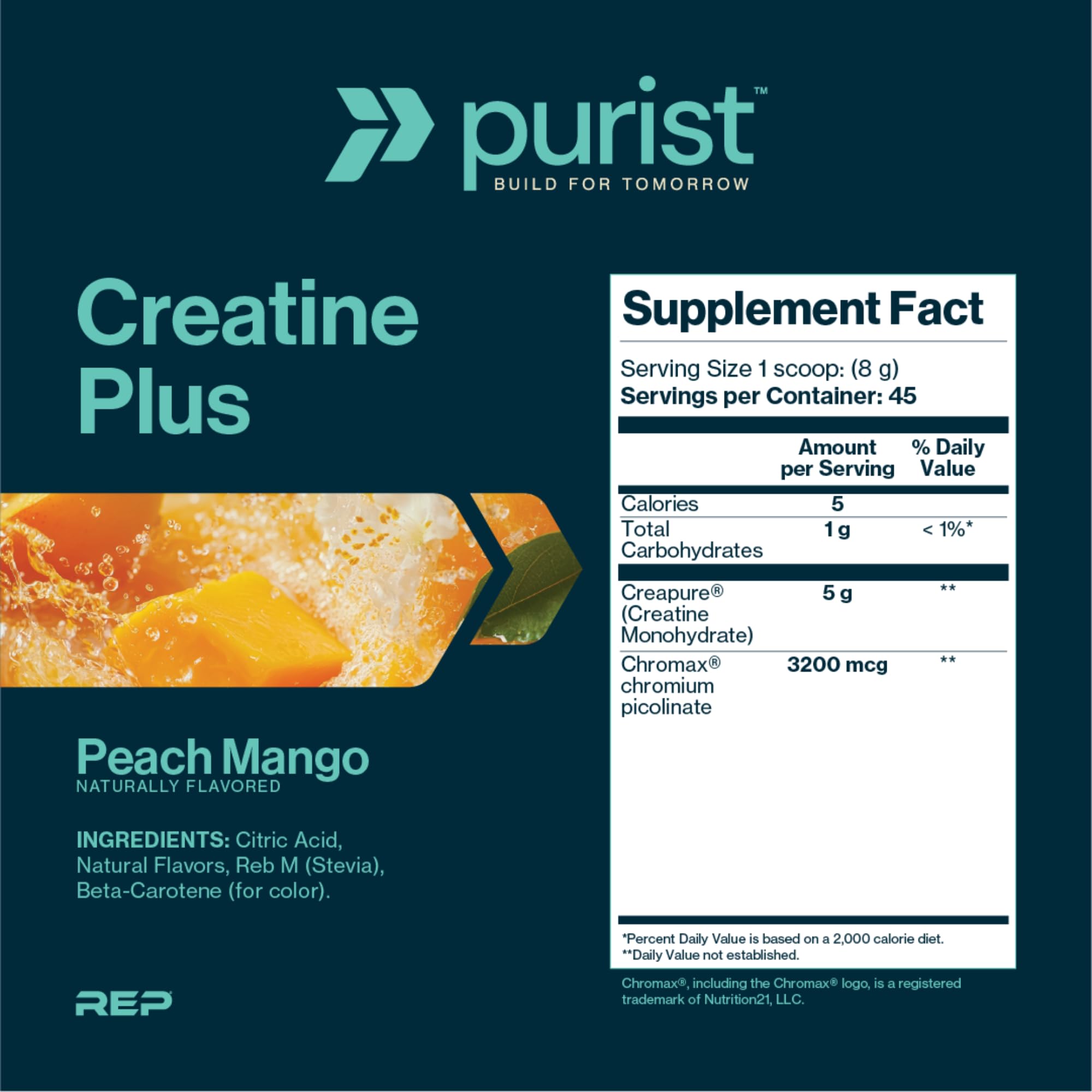 Purist Creapure con cuchara medidora, dosis precisa para mejores resultados.