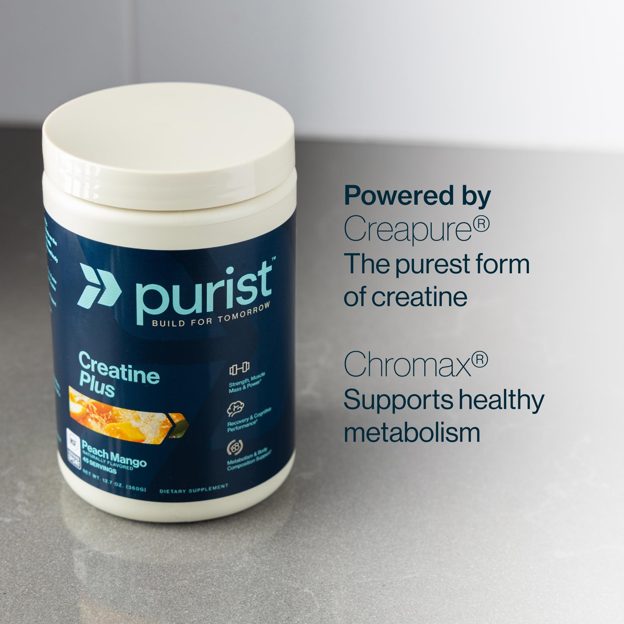 Purist Creapure Creatina Monohidrato sabor Durazno Mango en primer plano.
