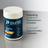 Purist Creapure Creatina Monohidrato sabor Durazno Mango en primer plano.