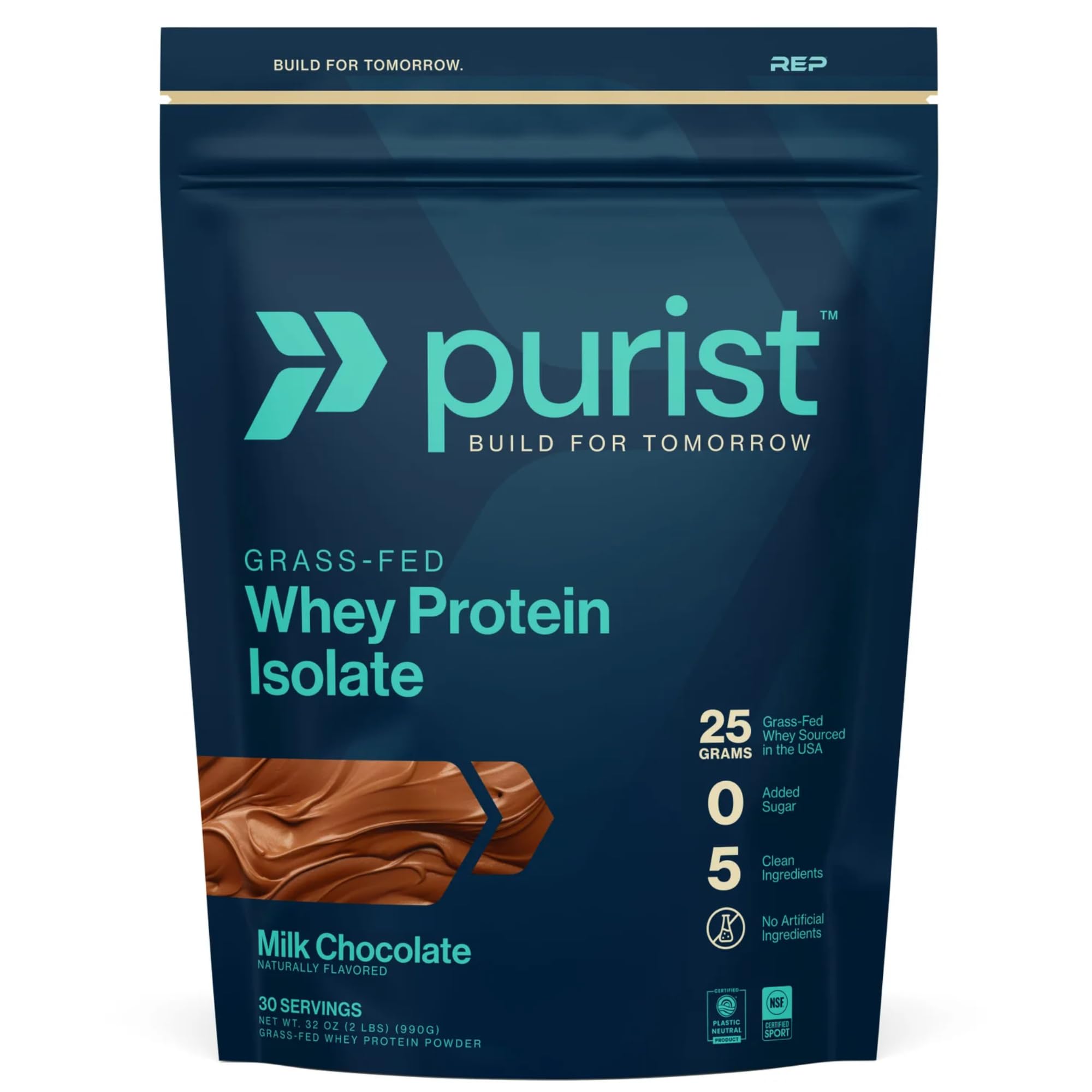 Purist REP Proteína de suero aislada en envase chocolate, opción limpia para nutrición diaria.