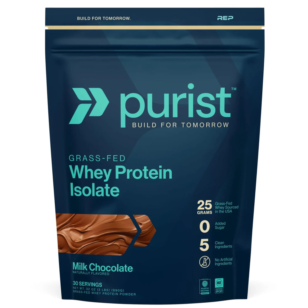 Purist REP Proteína de suero aislada en envase chocolate, opción limpia para nutrición diaria.