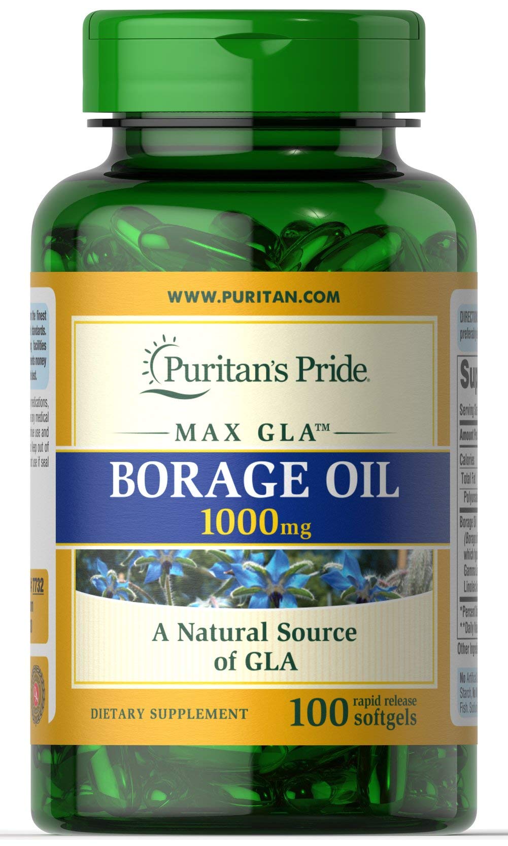 Puritan's Pride Aceite de borraja, botella de 1 g, fuente vegetal de Omega-6 para equilibrio diario.