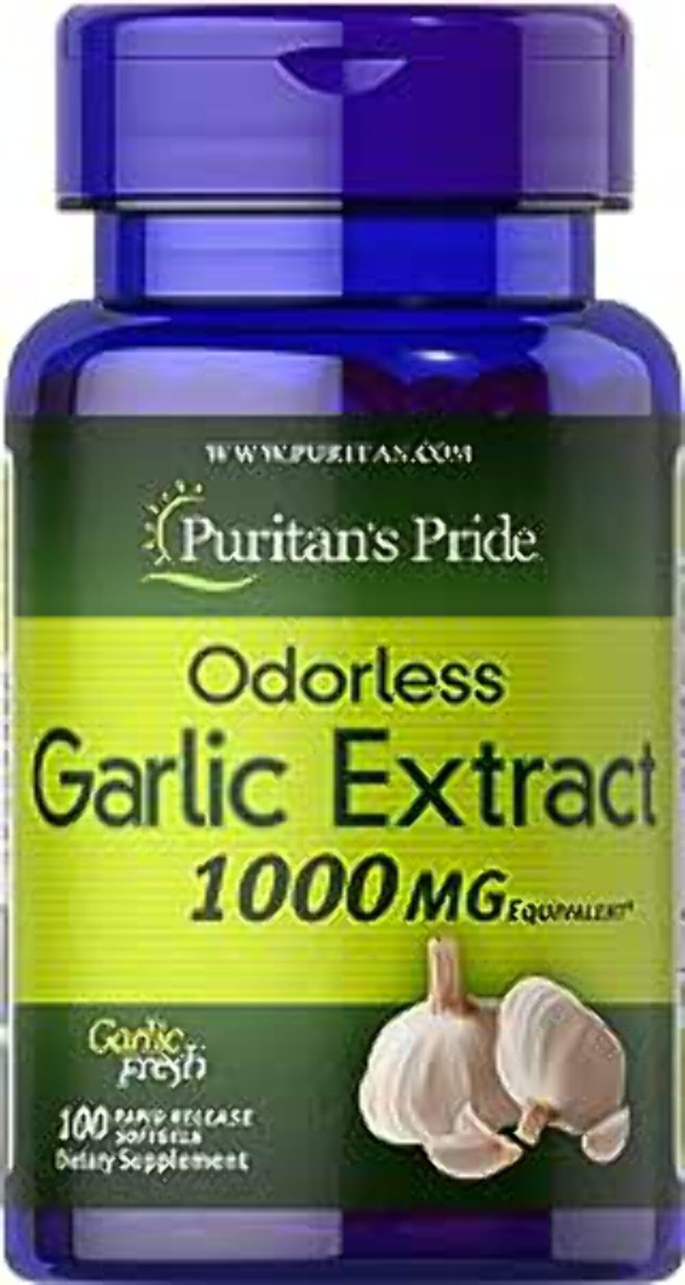 Puritan's Pride ajo 1000 mg cápsulas frente de la botella: uso diario para bienestar general