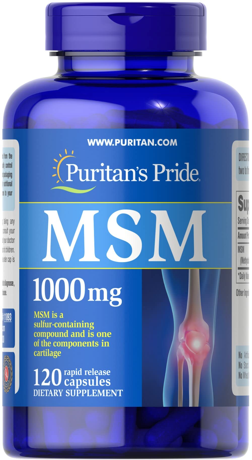 Puritan's Pride MSM cápsulas de liberación rápida para apoyo diario de articulaciones.