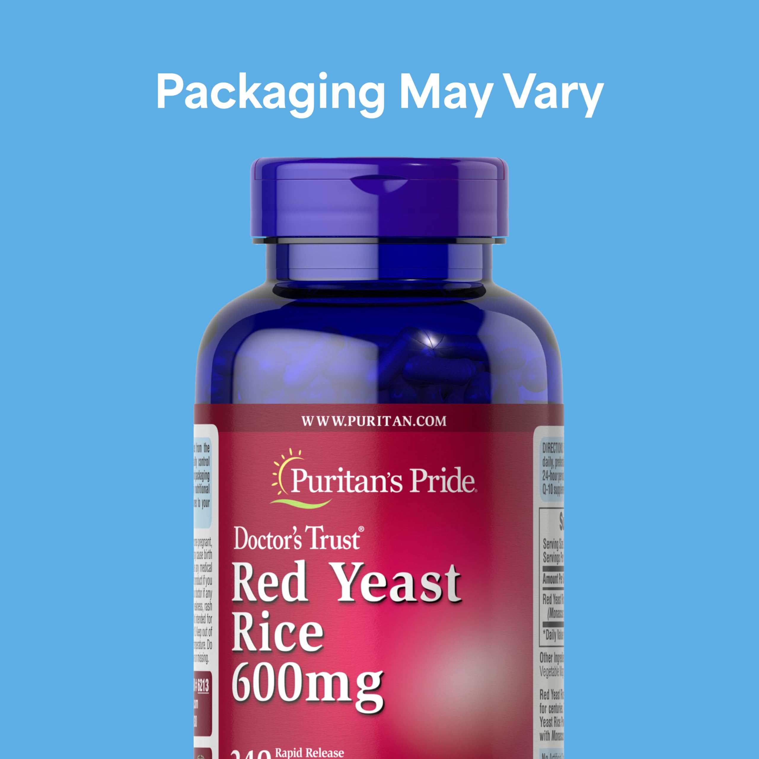 Puritan's Pride Arroz de levadura roja 600 mg, cápsulas para consumo diario.