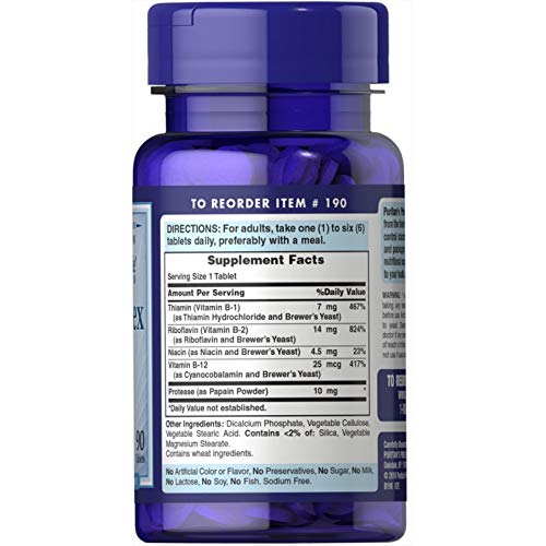 Puritan's Pride B-Complex Tabletas, dorso del frasco con información de uso.