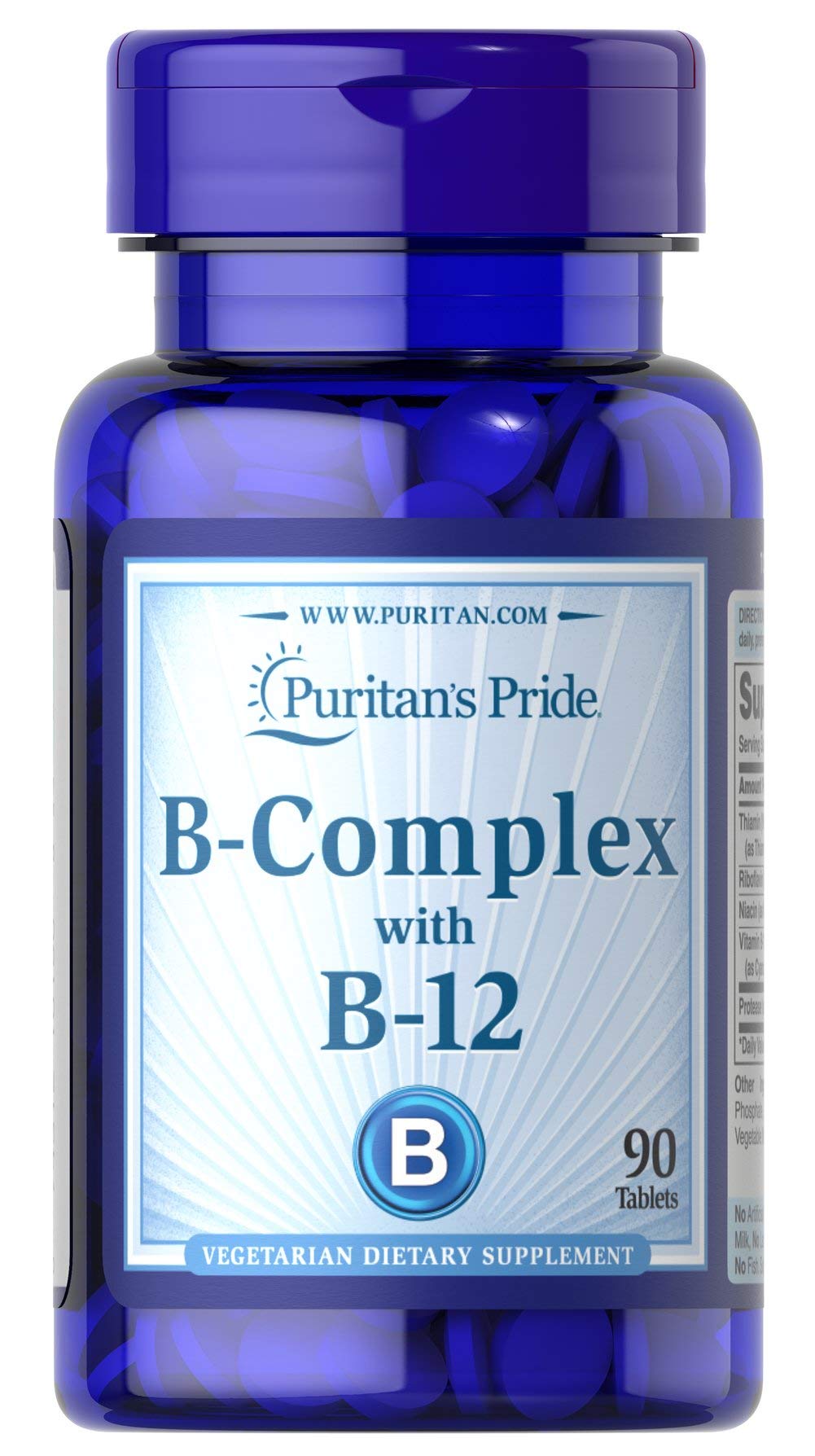 Puritan's Pride B-Complex Tabletas, vista frontal del frasco, apoyo al metabolismo diario.