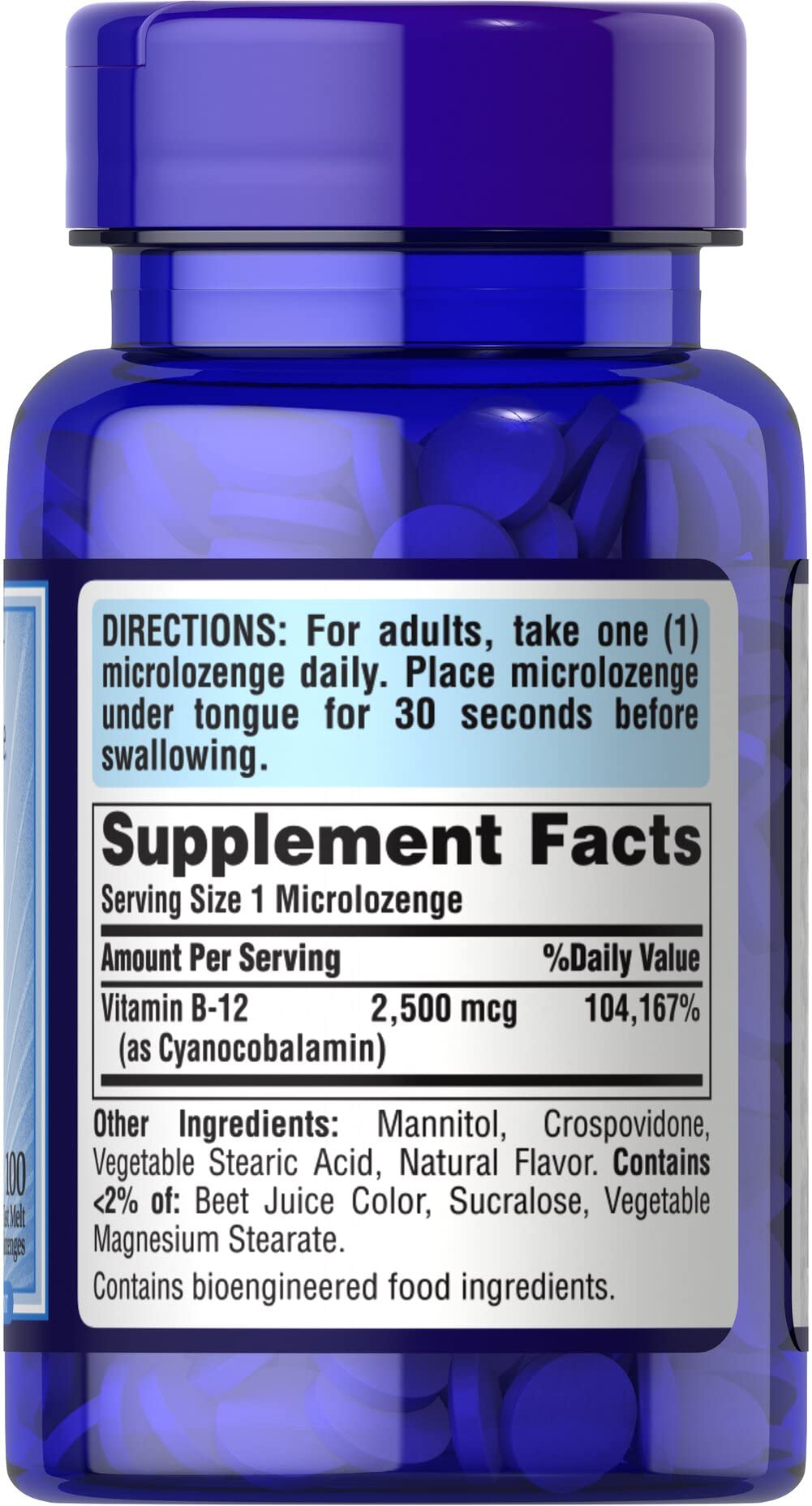 Puritan's Pride Vitamina B-12 2500 mcg, empaque en caja, fácil almacenamiento y consumo.