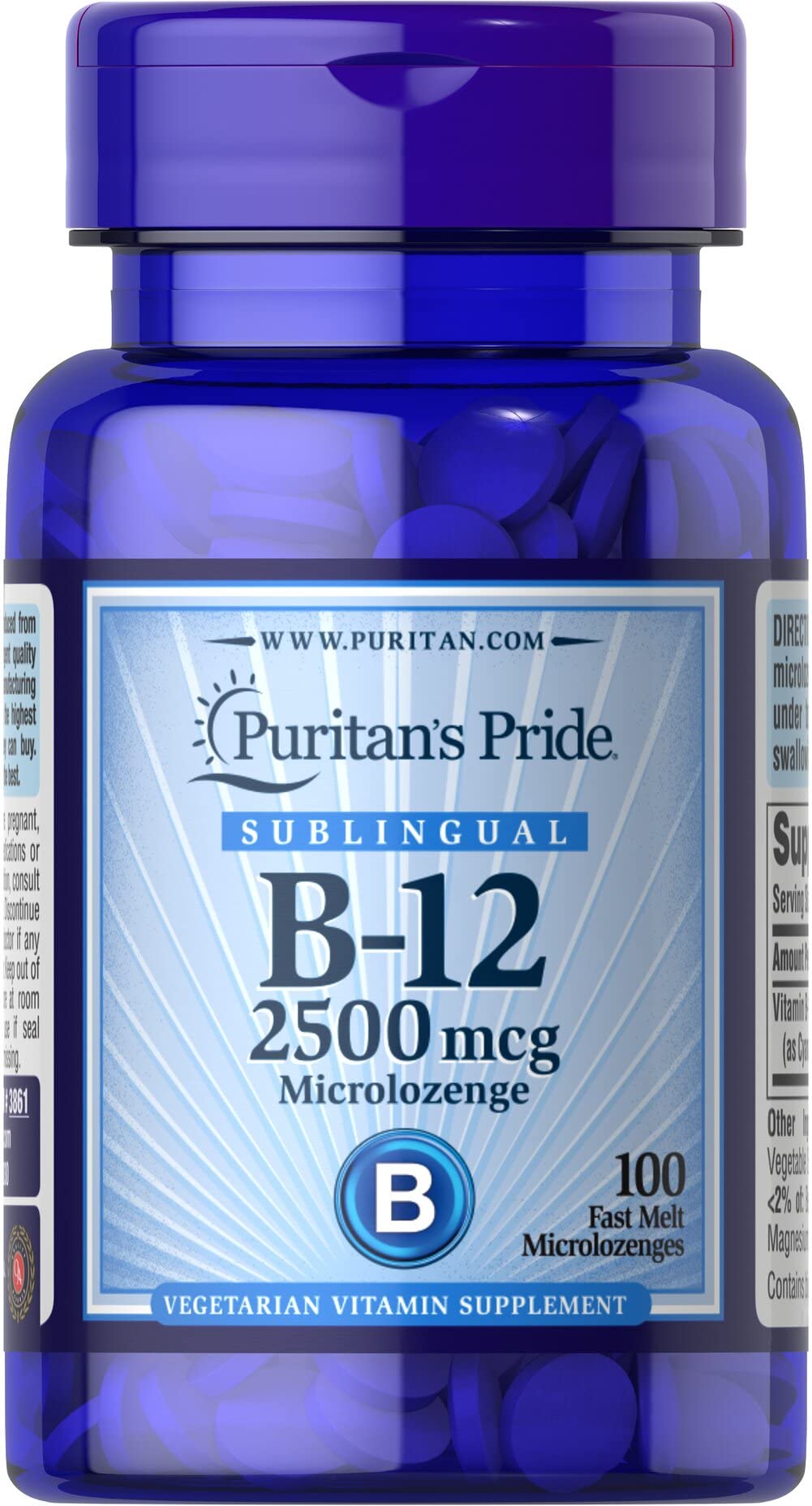 Puritan's Pride Vitamina B-12 2500 mcg, tabletas masticables, posible apoyo a la energía diaria.
