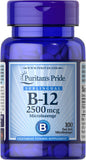 Puritan's Pride Vitamina B-12 2500 mcg, tabletas masticables, posible apoyo a la energía diaria.