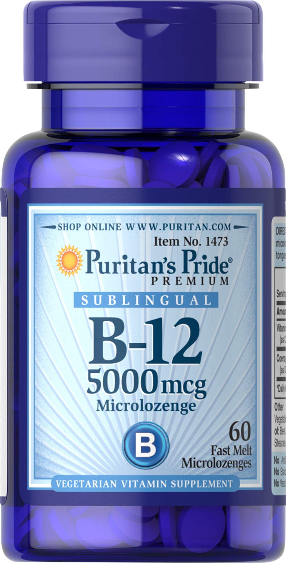 Puritan's Pride Vitamina B-12, micropastillas sublinguales, botella, opción práctica para energía diaria.