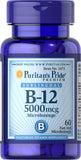 Puritan's Pride Vitamina B-12, micropastillas sublinguales, botella, opción práctica para energía diaria.