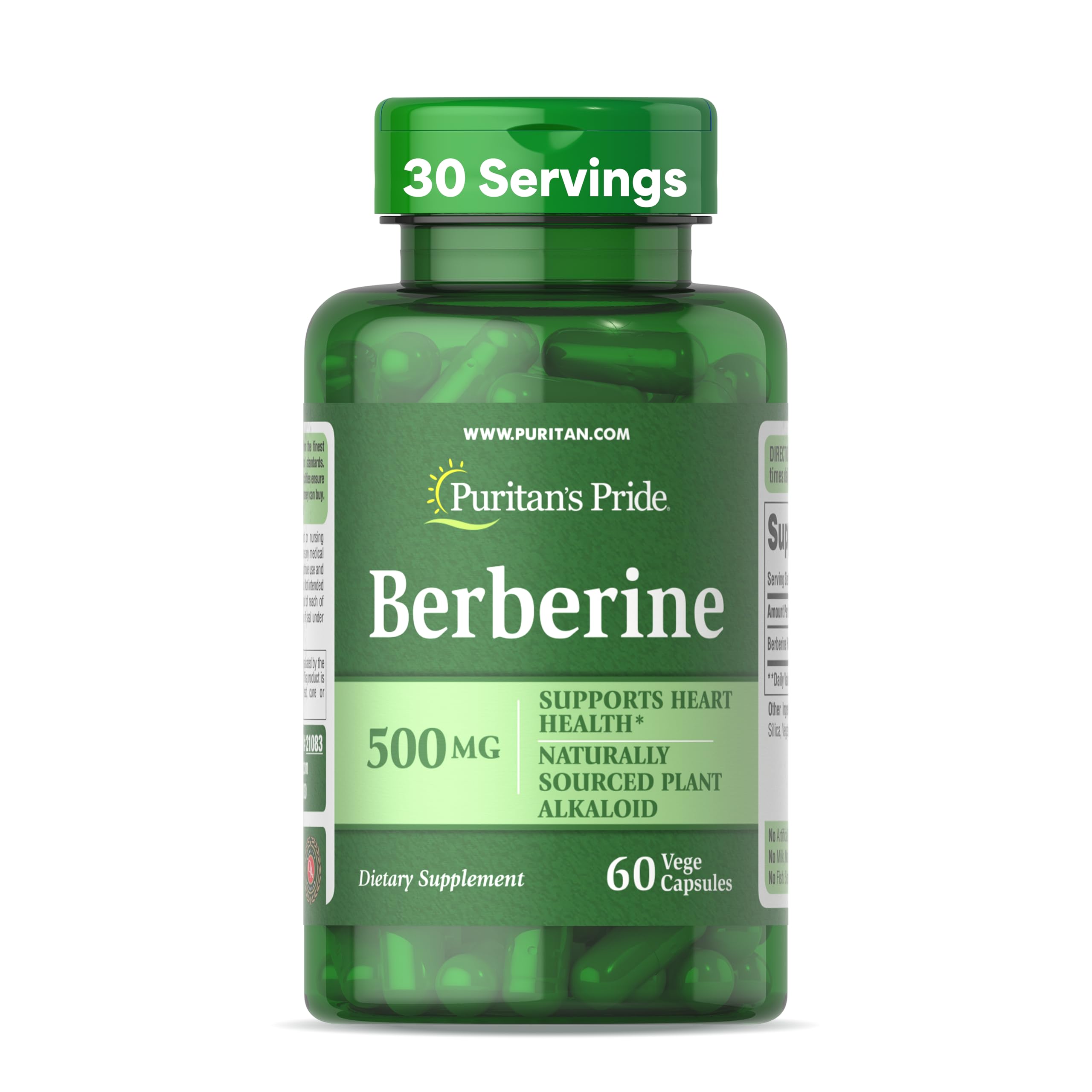 Puritan's Pride Berberina 500 mg: botella visible para apoyar la salud cardíaca.