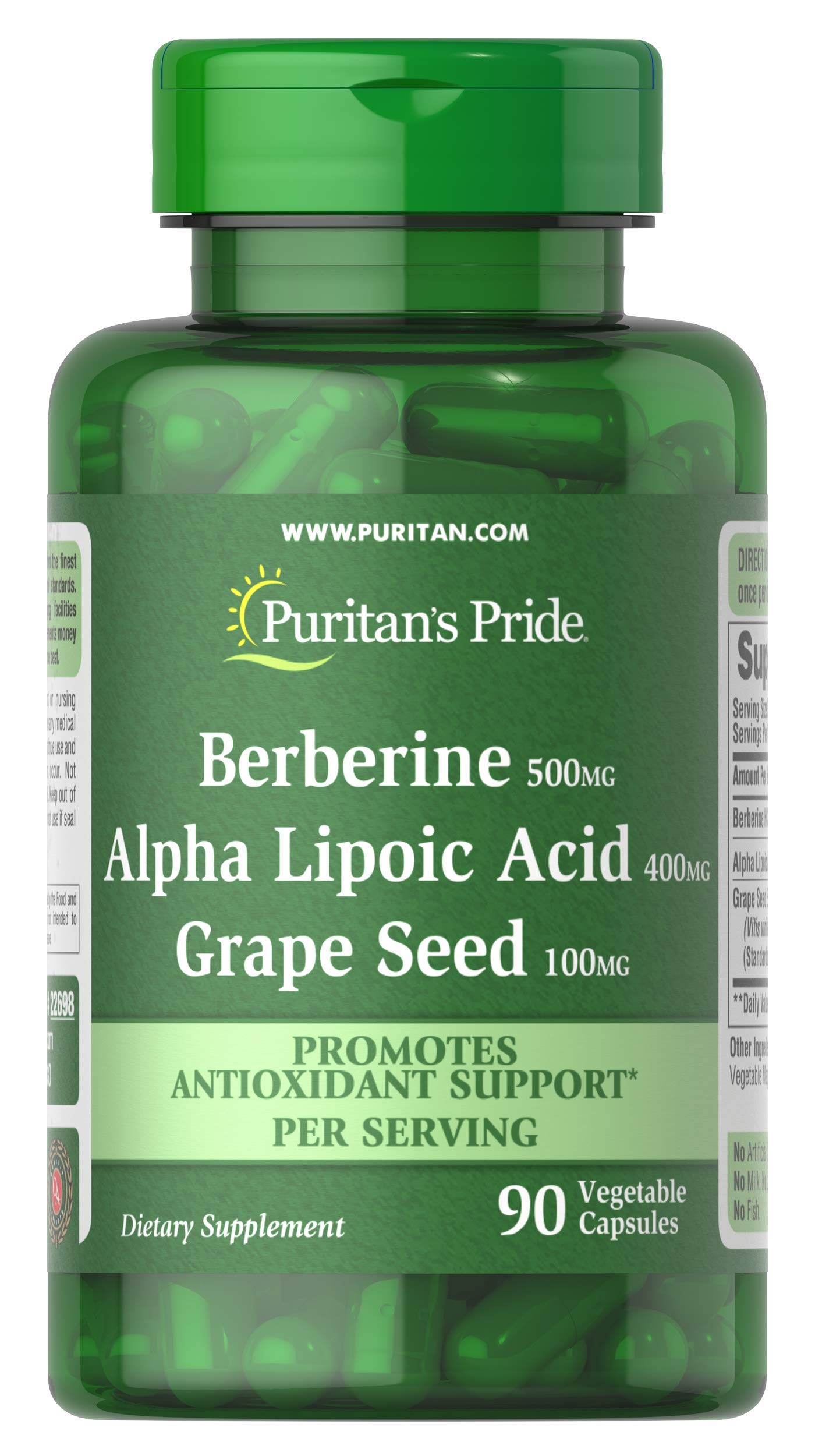 Puritan's Pride Berberina, Alfa-Lipoico y Semilla de Uva: botella para apoyo diario.