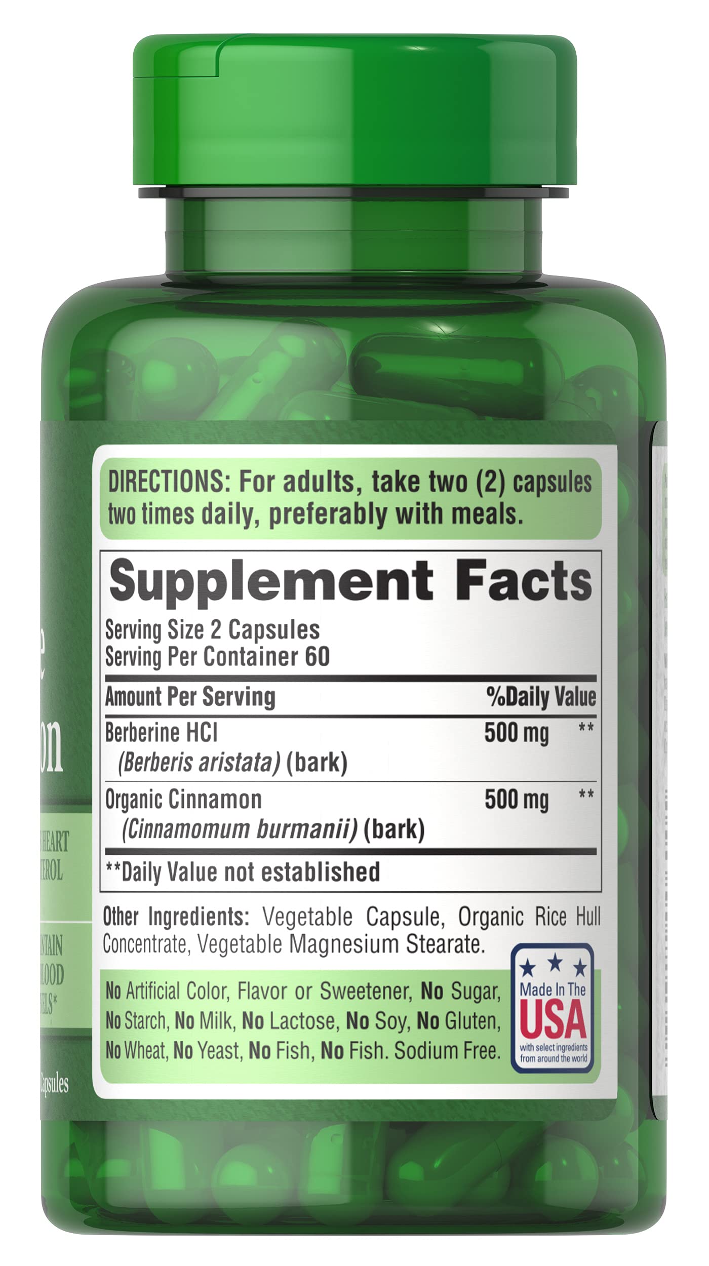 Puritan's Pride Berberina Canela: etiqueta visible con información de ingredientes y origen.