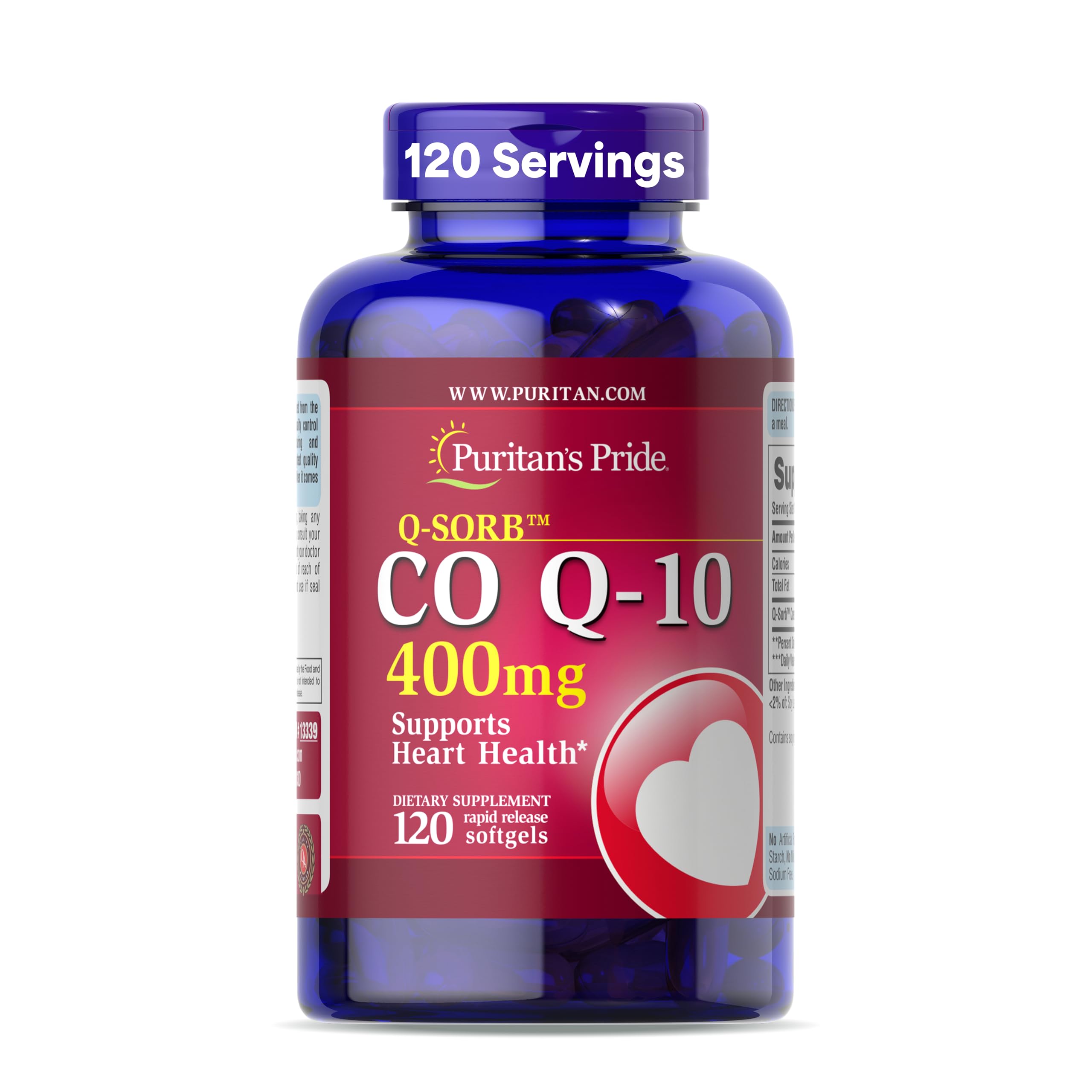 Puritan's Pride CoQ10 400 mg, botella frontal, apoya la salud cardíaca y la circulación.