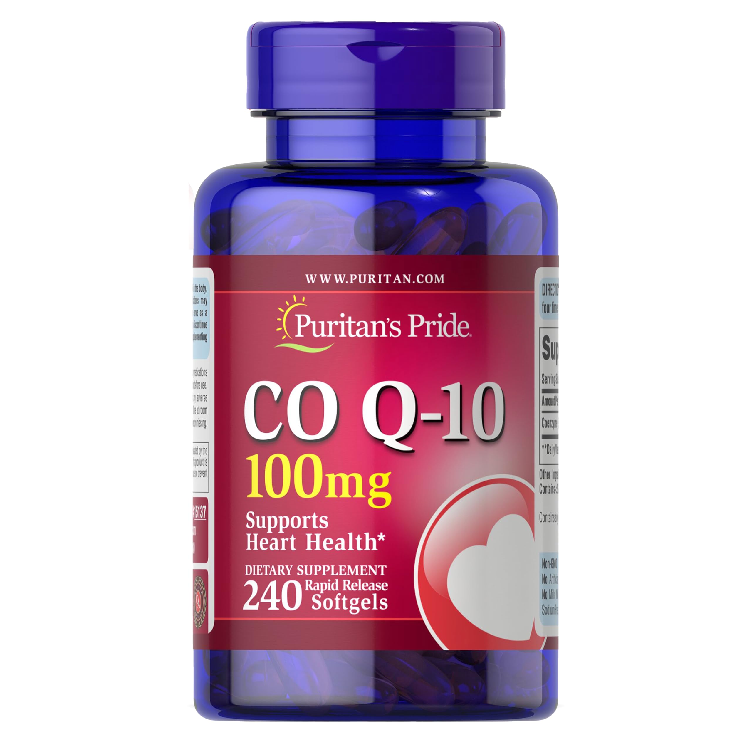 Puritan's Pride CoQ10 botella frontal: apoya energía celular y salud cardiovascular.