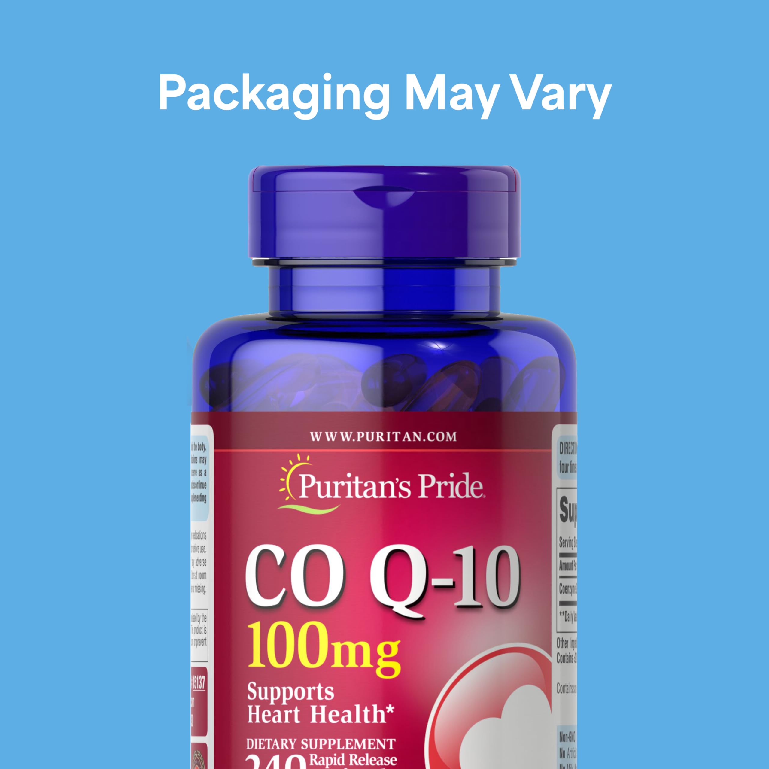 Puritan's Pride CoQ10 etiqueta visible: beneficios para circulación saludable.