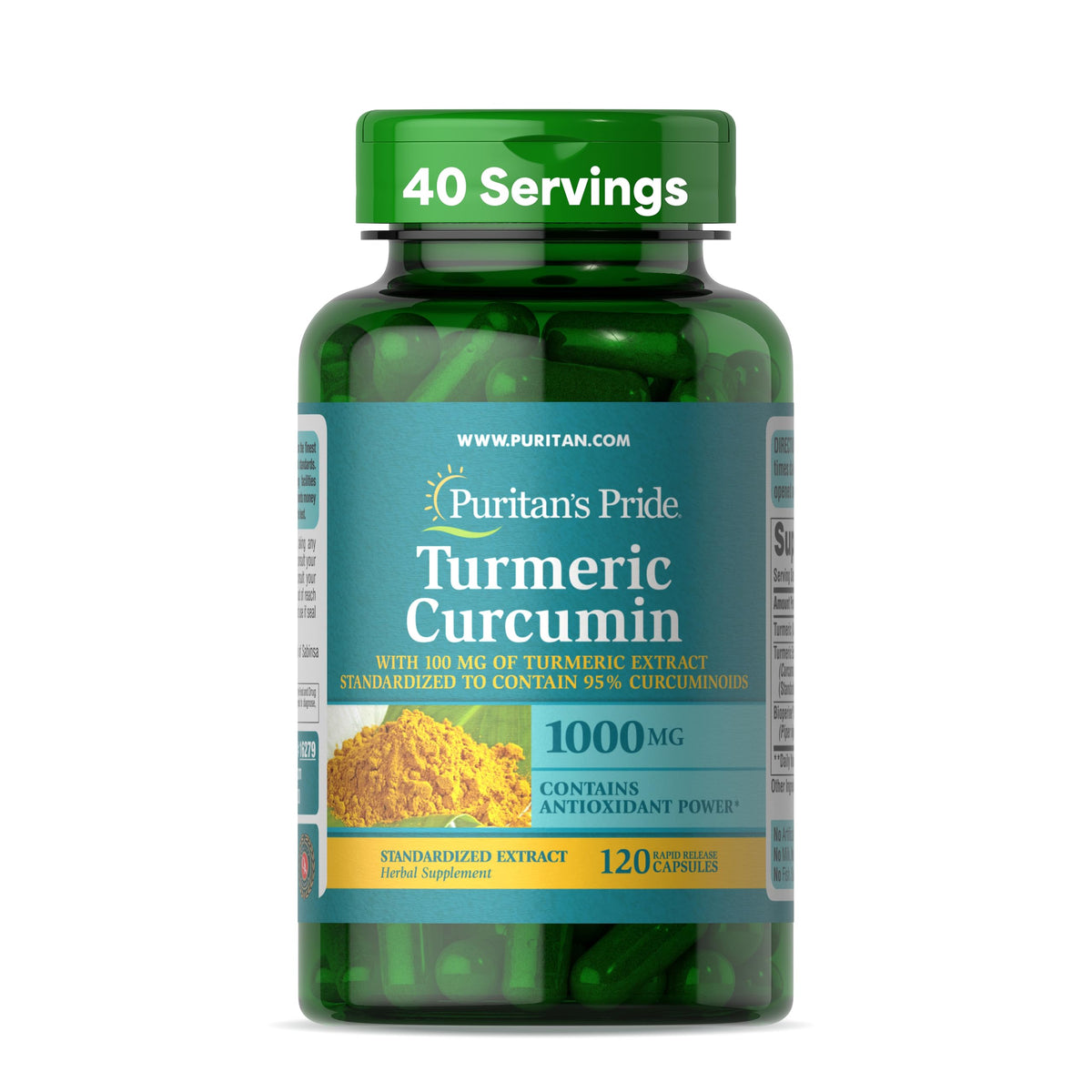 Puritan's Pride curcuma, botella de cápsulas, posible apoyo antioxidante para la rutina diaria.