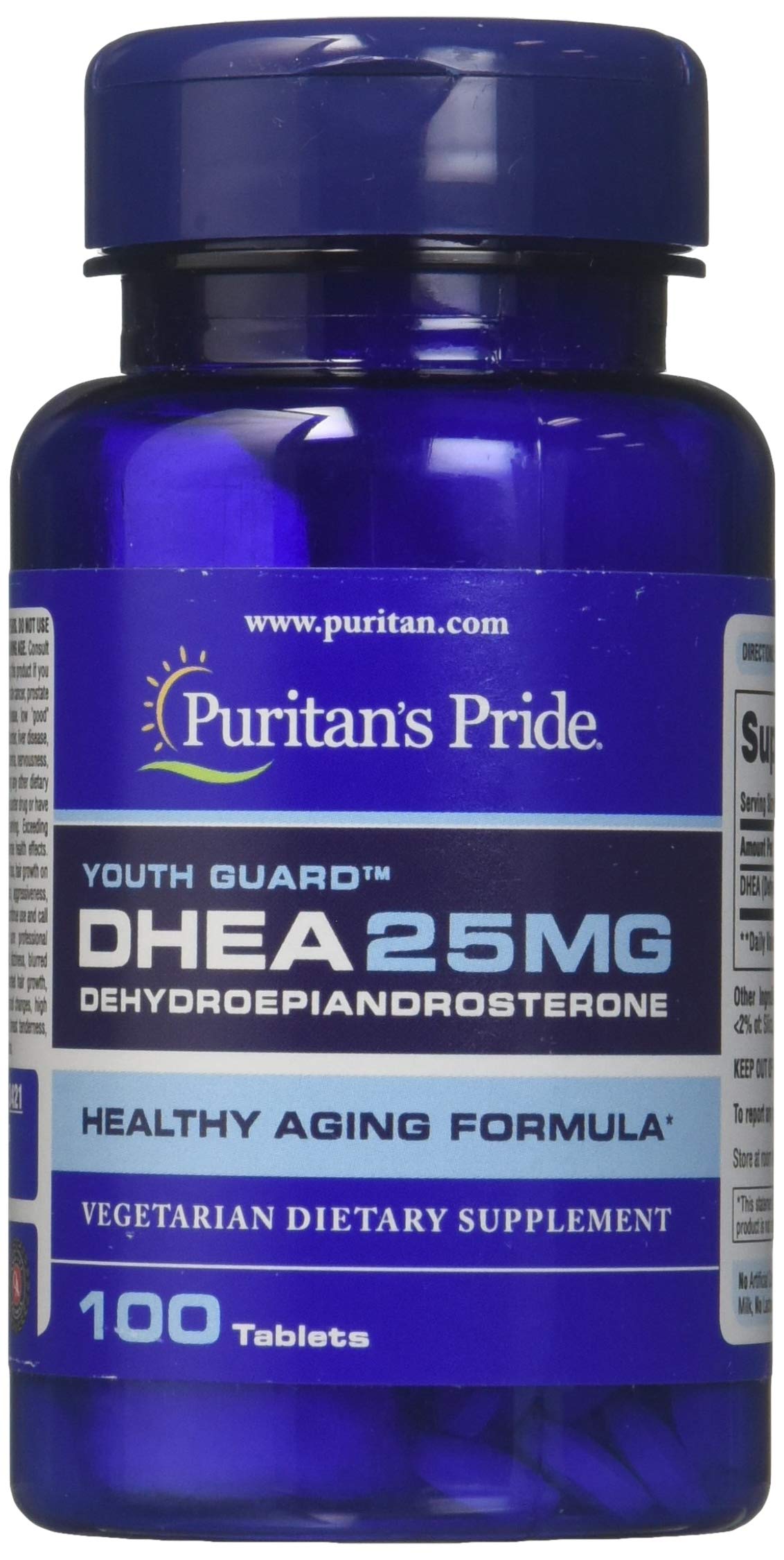 Puritan's Pride DHEA 25 mg, bote con 100 tabletas para uso diario.