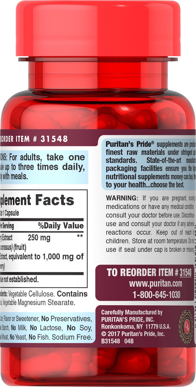 Puritan's Pride Extracto de Cereza Ácida 1000 mg, etiqueta legible para compra fácil.