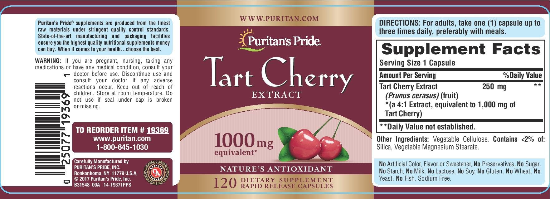 Puritan's Pride Tart Cherry Extract 1000 mg, cápsulas, uso diario cómodo.
