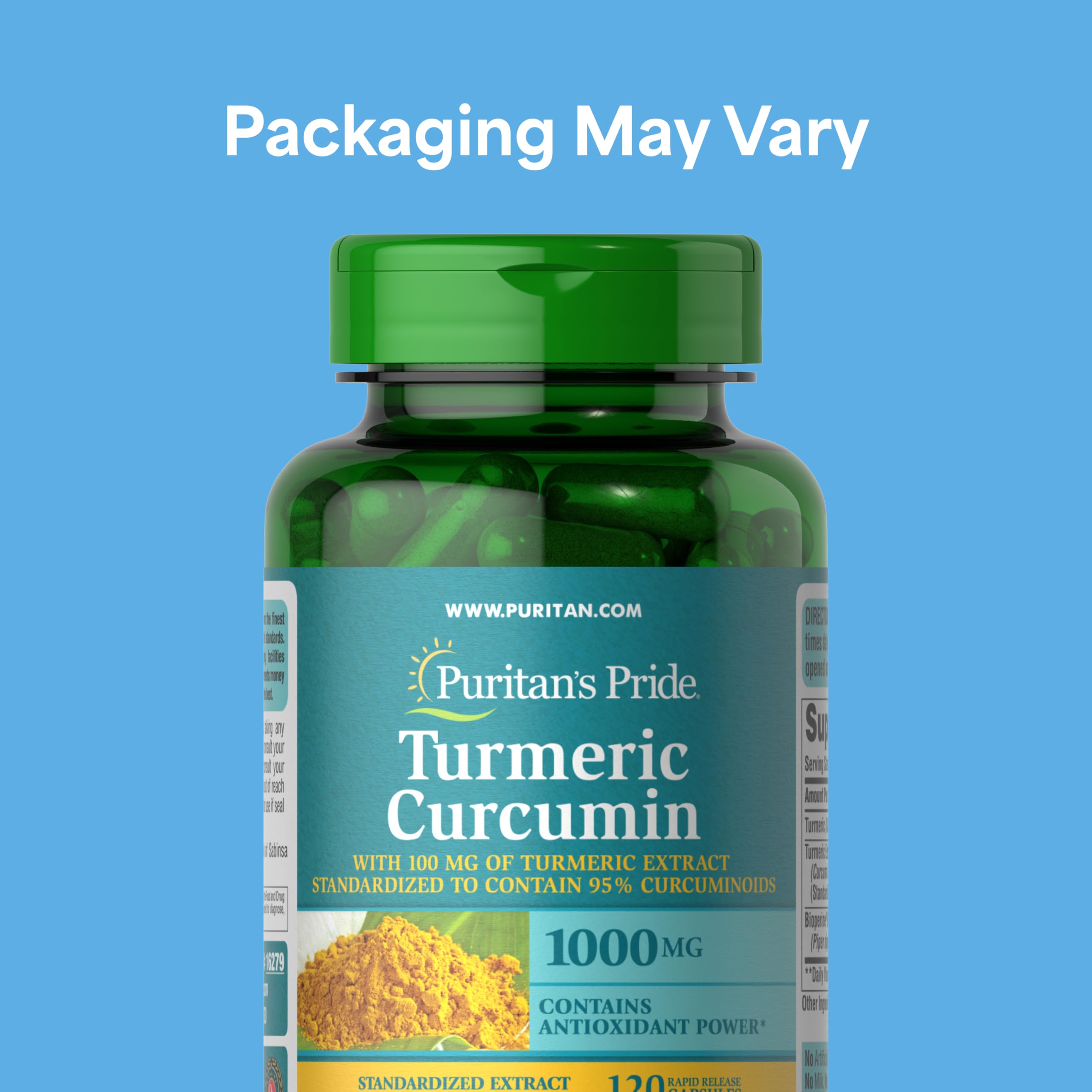 Puritan's Pride extracto de curcuminoides al 95%, cápsula para uso diario.