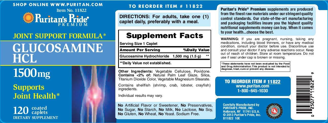 Puritan's Pride Glucosamina 1500 mg, etiqueta visible, uso diario para articulaciones flexibles.