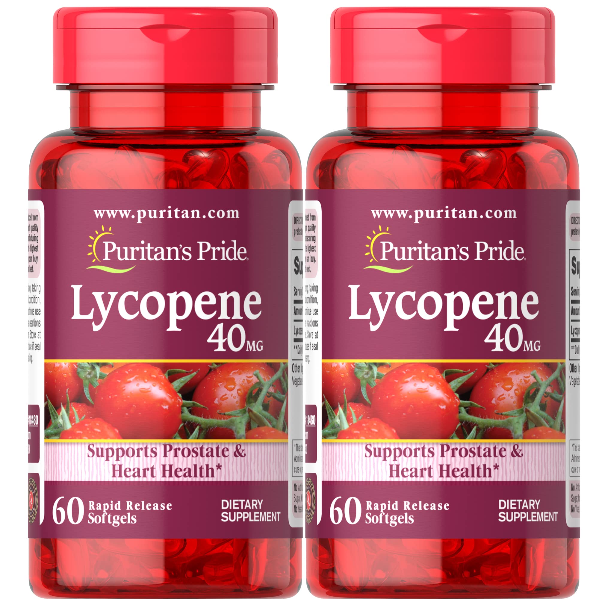 Puritans Pride Licopeno 40 mg, botella, liberación rápida, posible beneficio antioxidante.