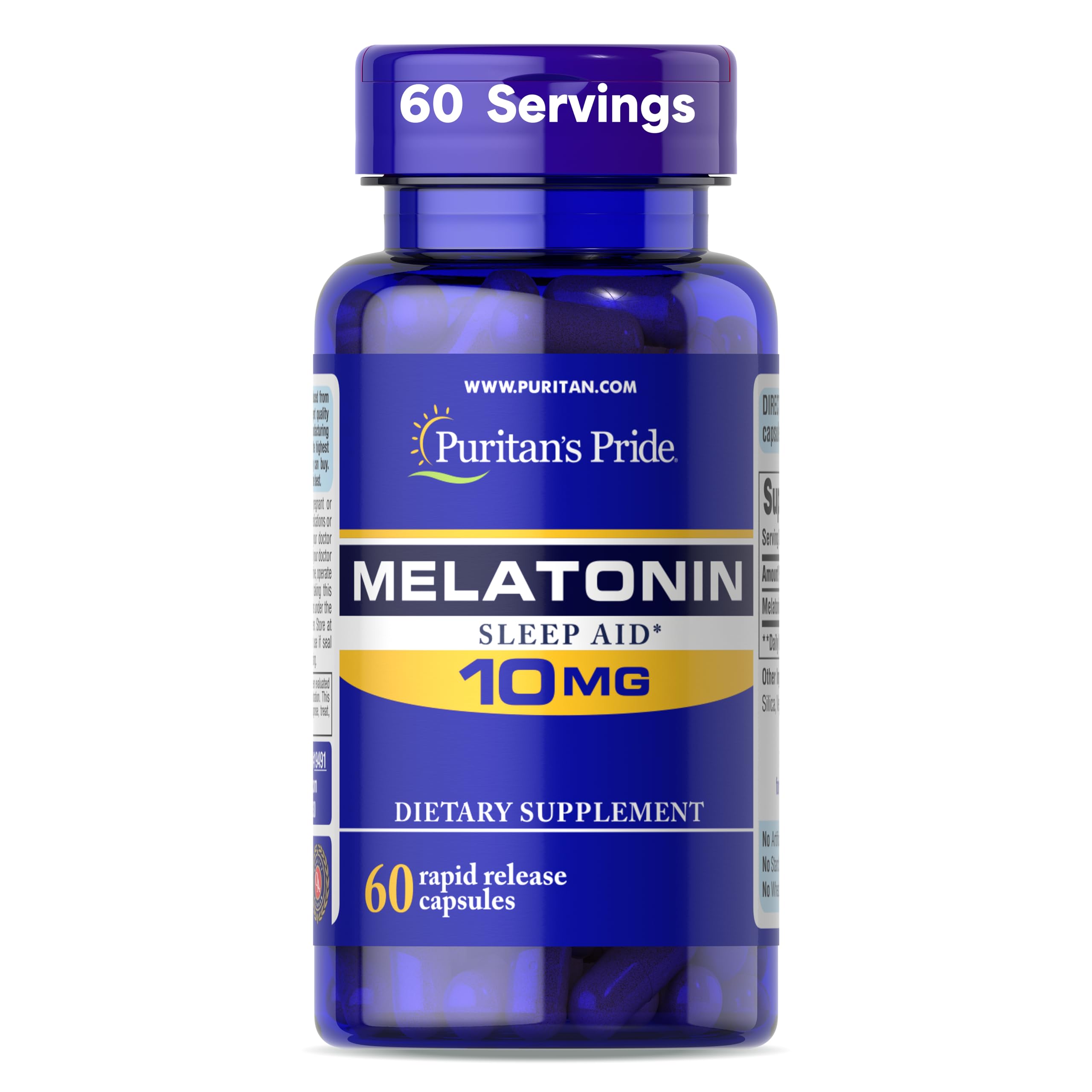 Puritan's Pride Melatonina 10 mg, envase, apoyo para un ciclo de sueño regular