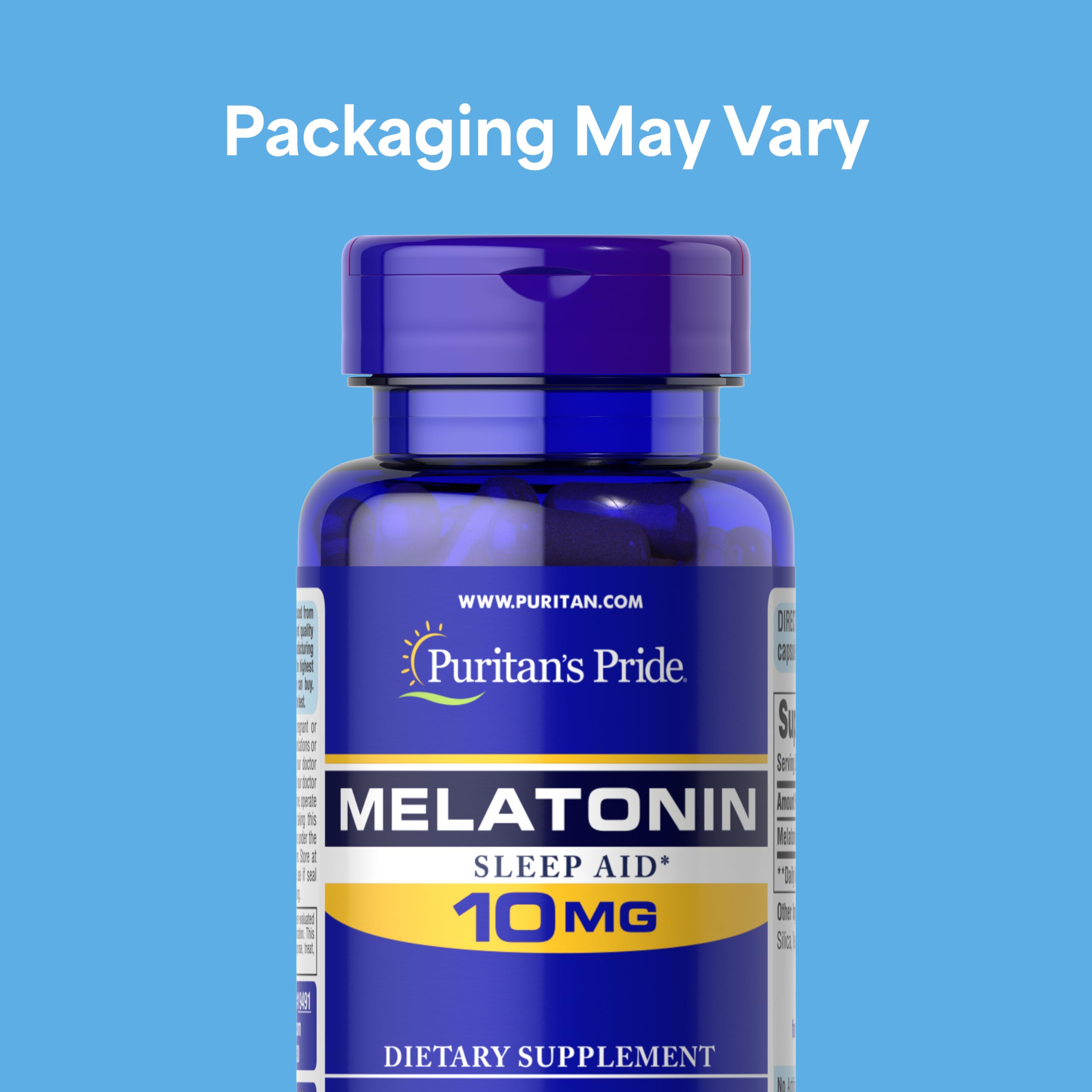 Etiqueta de Puritan's Pride Melatonina 10 mg con indicaciones de uso