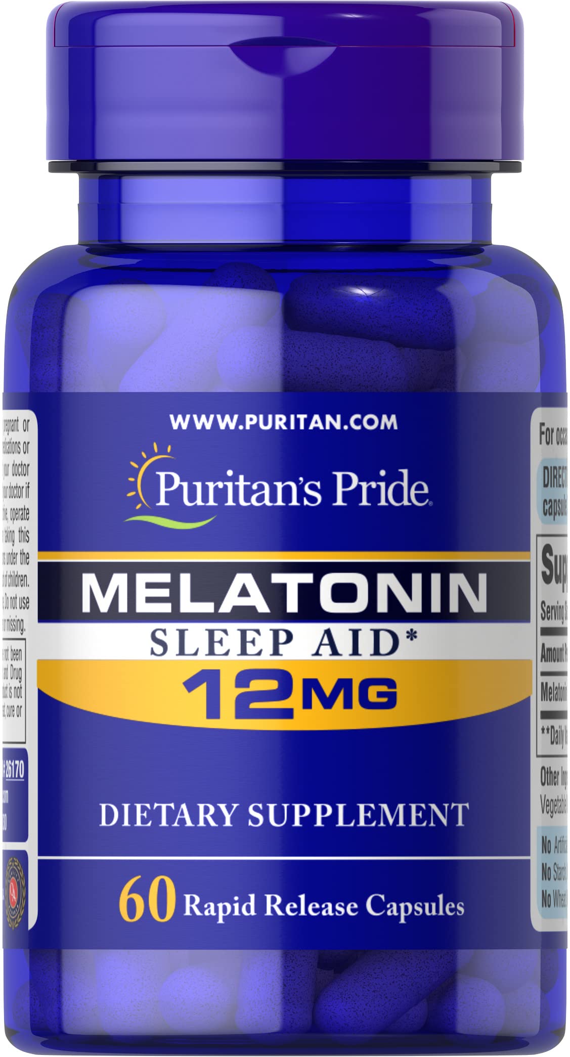 Puritan's Pride Melatonina 12 mg, frasco de 60 cápsulas para apoyo al sueño.