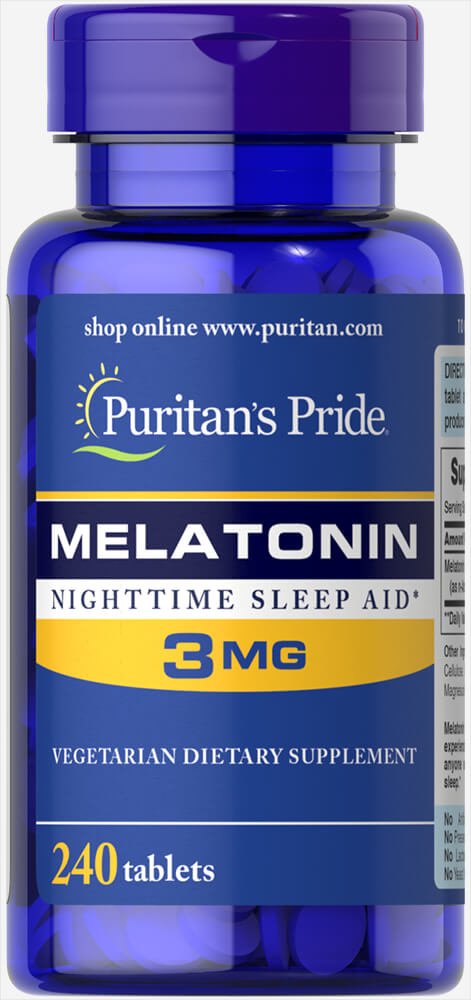 Puritan's Pride Melatonina 3 mg, embalaje visible, ideal para dormir ocasional