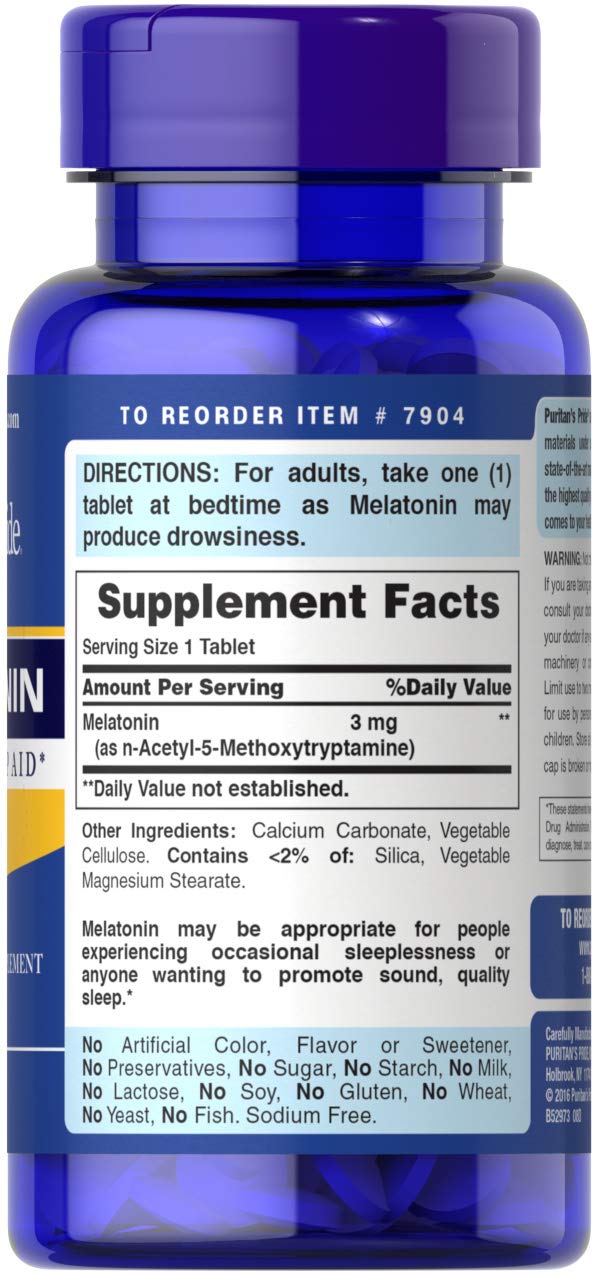 Puritan's Pride Melatonina 3 mg, etiqueta detallada, opción vegetariana para insomnio ocasional