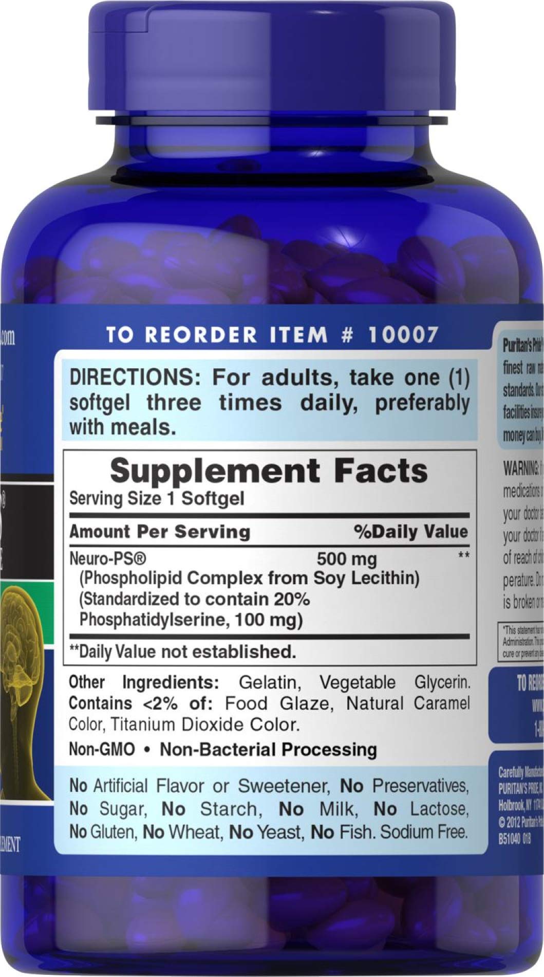 Puritan's Pride Neuro-PS 100 mg, etiqueta legible para uso diario