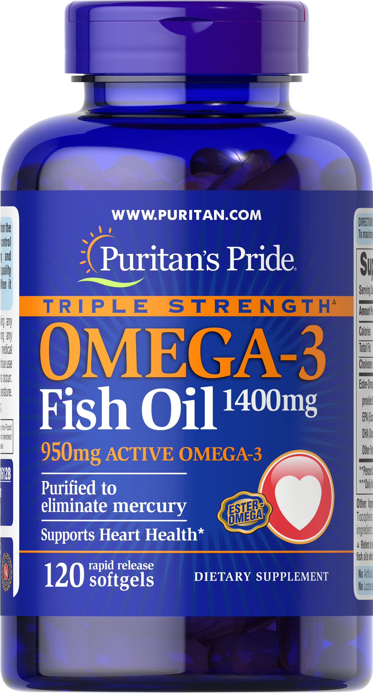 Puritan's Pride Omega-3 1360 mg, botella y cápsulas fáciles de tragar para un aporte diario de omega-3.