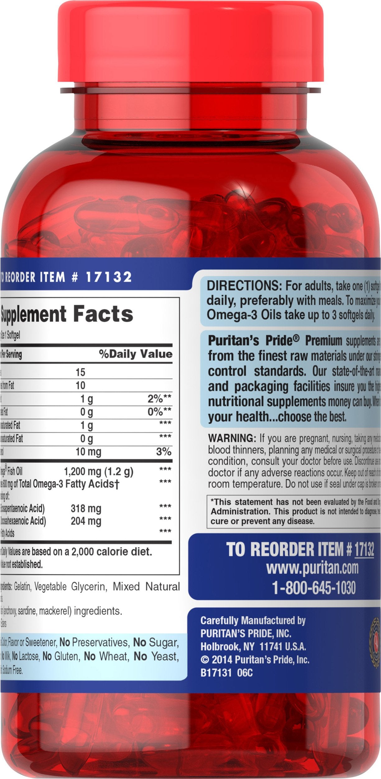 Puritan's Pride Omega-3 botella con 180 cápsulas para la rutina diaria.