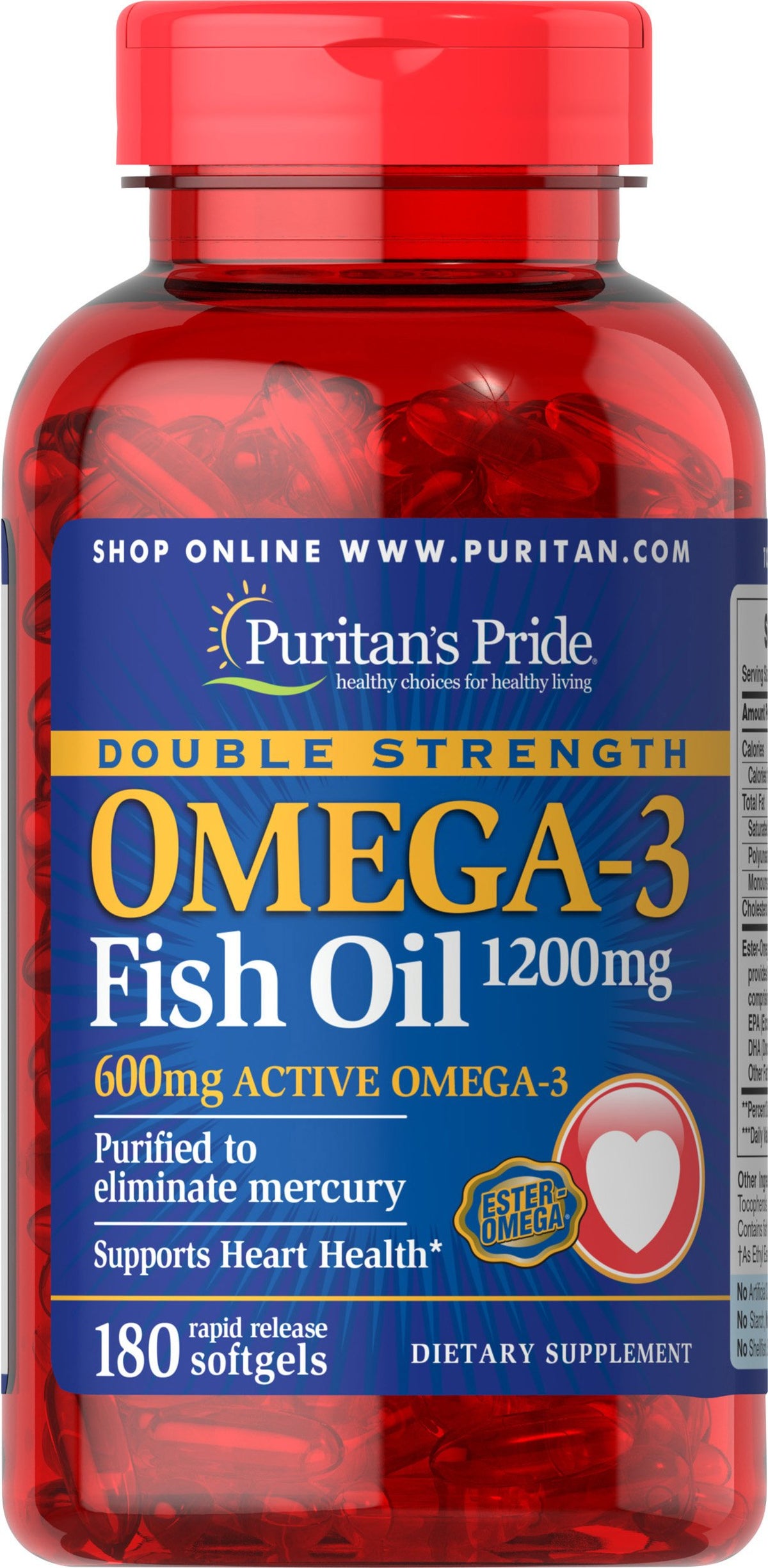 Puritan's Pride Omega-3 cápsulas 1200 mg para apoyo diario de la salud cardiovascular.