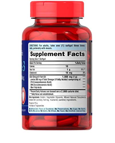 Puritans Pride Omega-3 1000 mg, envase, libre de gluten para consumo diario