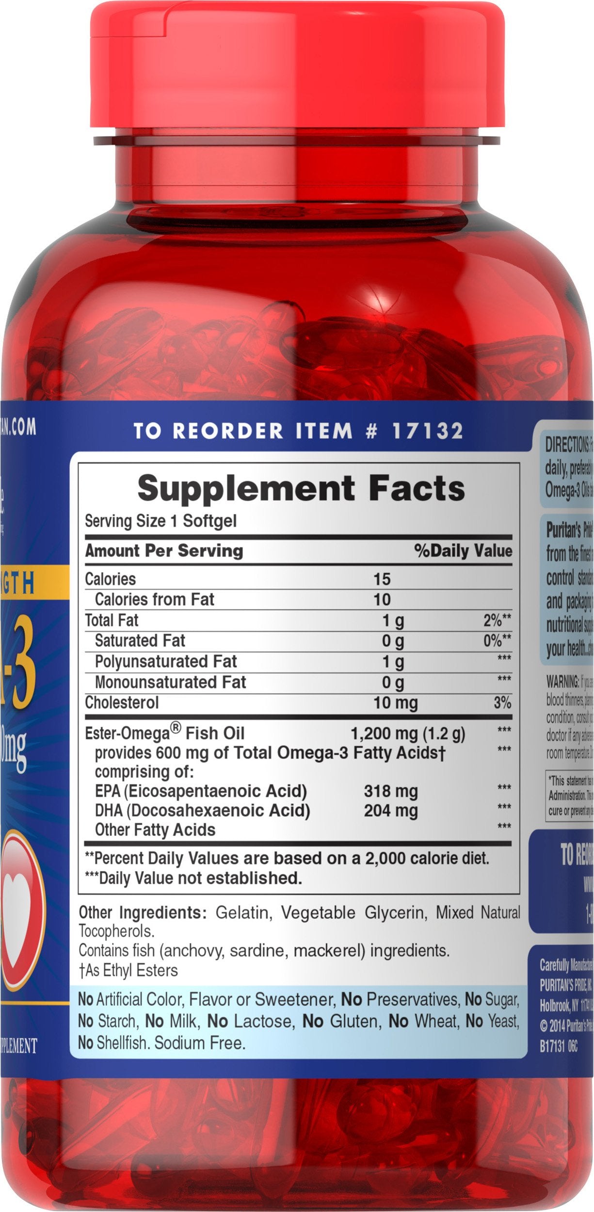 Puritan's Pride Omega-3 etiqueta clara que destaca pureza y calidad.