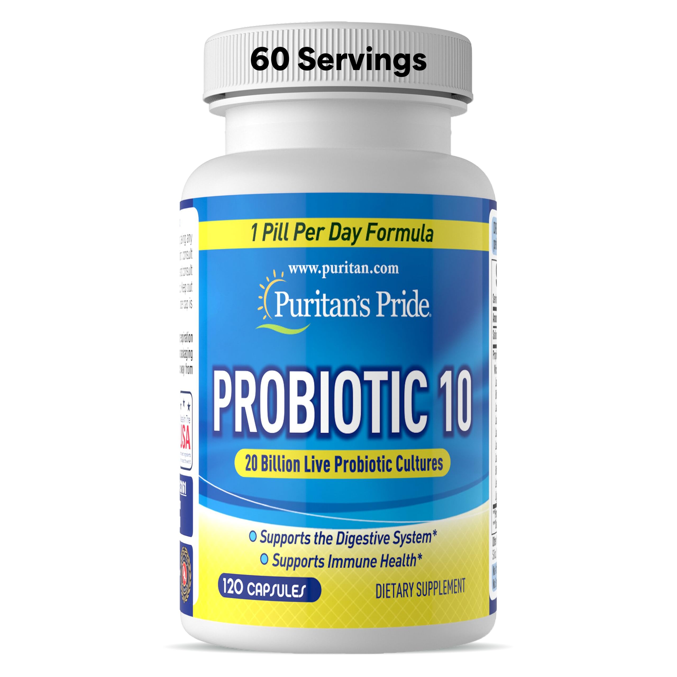 Puritan's Pride Probiotic 10 - botella de cápsulas para apoyo digestivo diario y equilibrio intestinal.