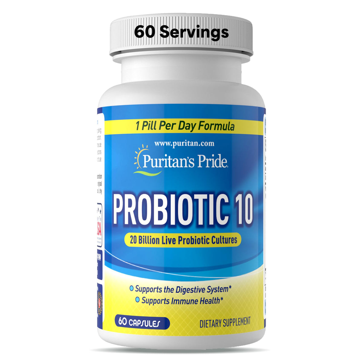 Puritan's Pride Probiotic 10: cápsulas con 20 mil millones de cultivos para apoyo digestivo.