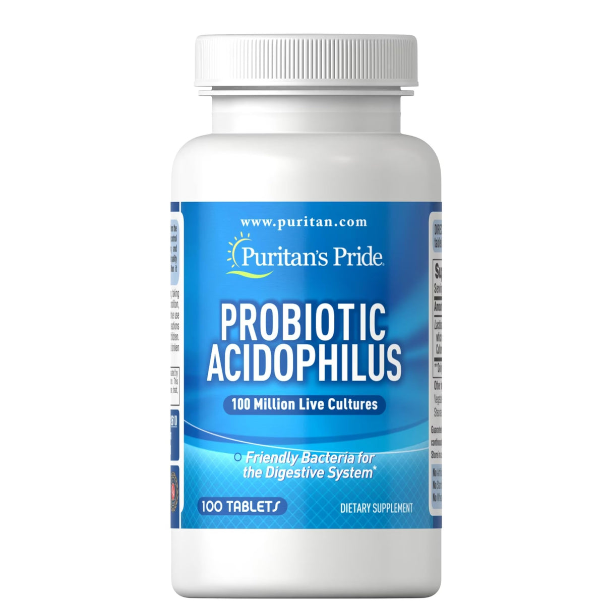 Puritan's Pride Probiotic Acidophilus, botella visible, apoyo diario para la digestión.