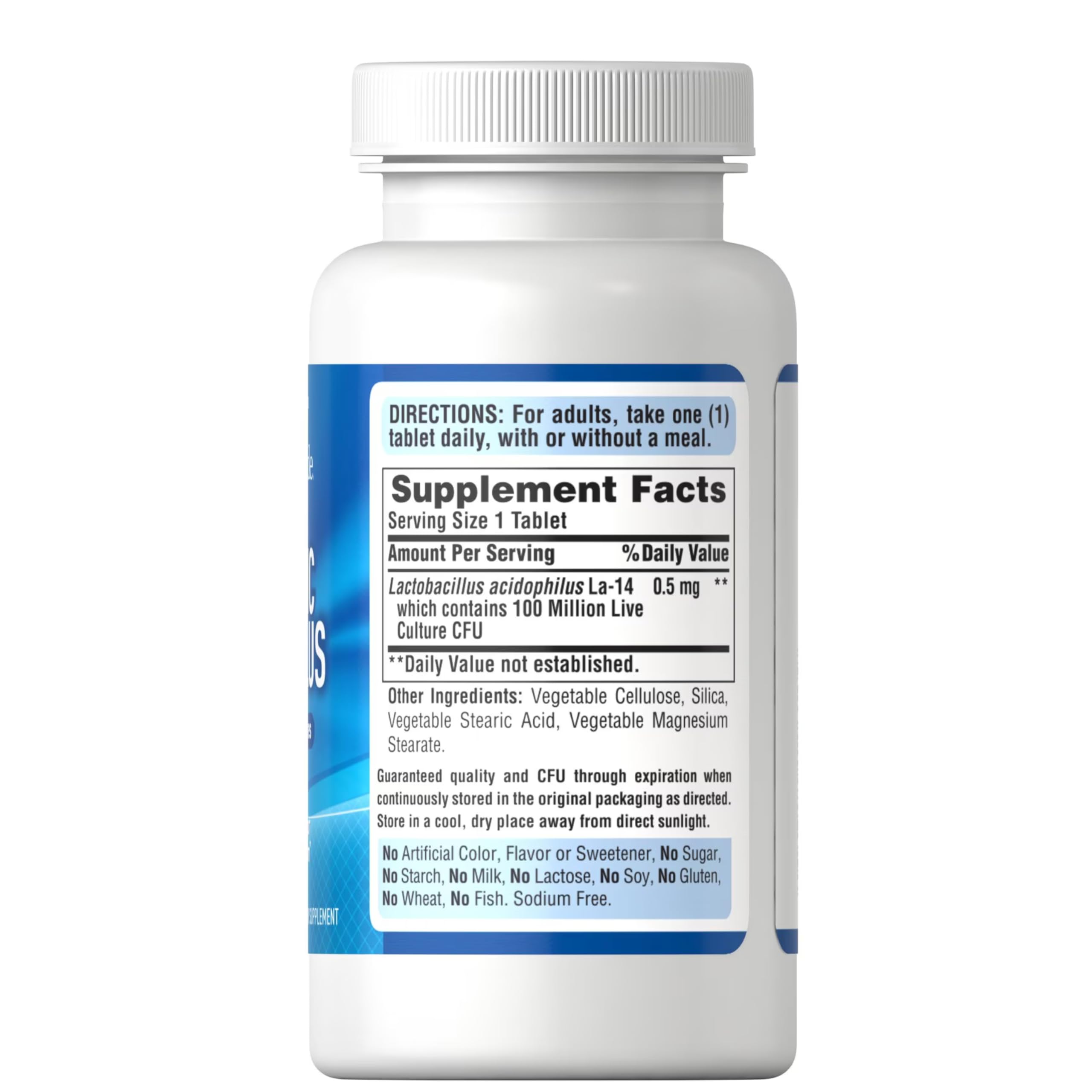 Puritan's Pride Probiotic Acidophilus, comprimidos, libres de gluten y soja, aptos para dietas.