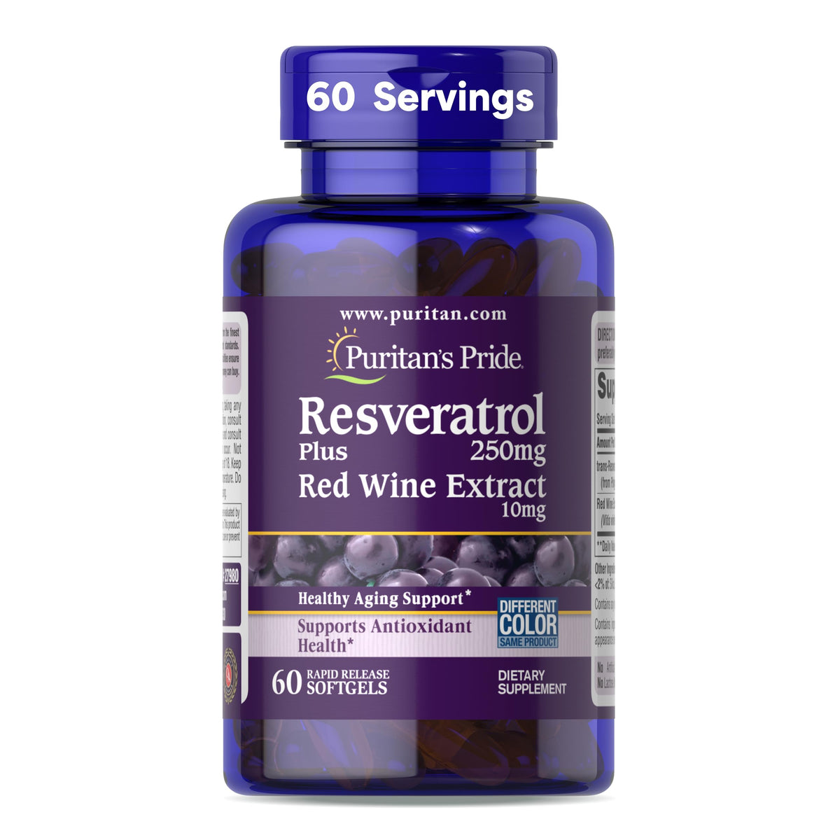 Puritan's Pride Resveratrol 250 mg, botella: defensa antioxidante para el día a día.