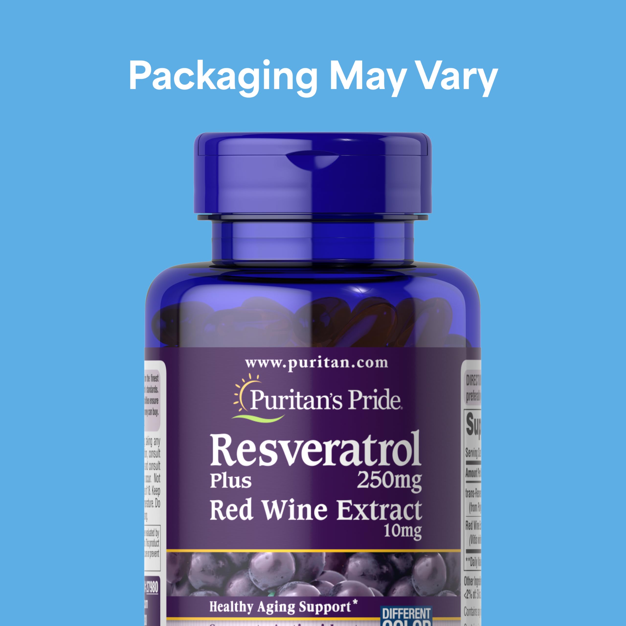 Puritan's Pride Resveratrol 250 mg, etiqueta frontal: enfoque en el balance general.
