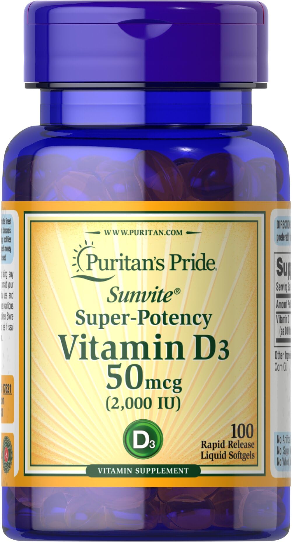 Puritan's Pride Sunvite D3 2000IU en botella, apoyo a huesos sanos.