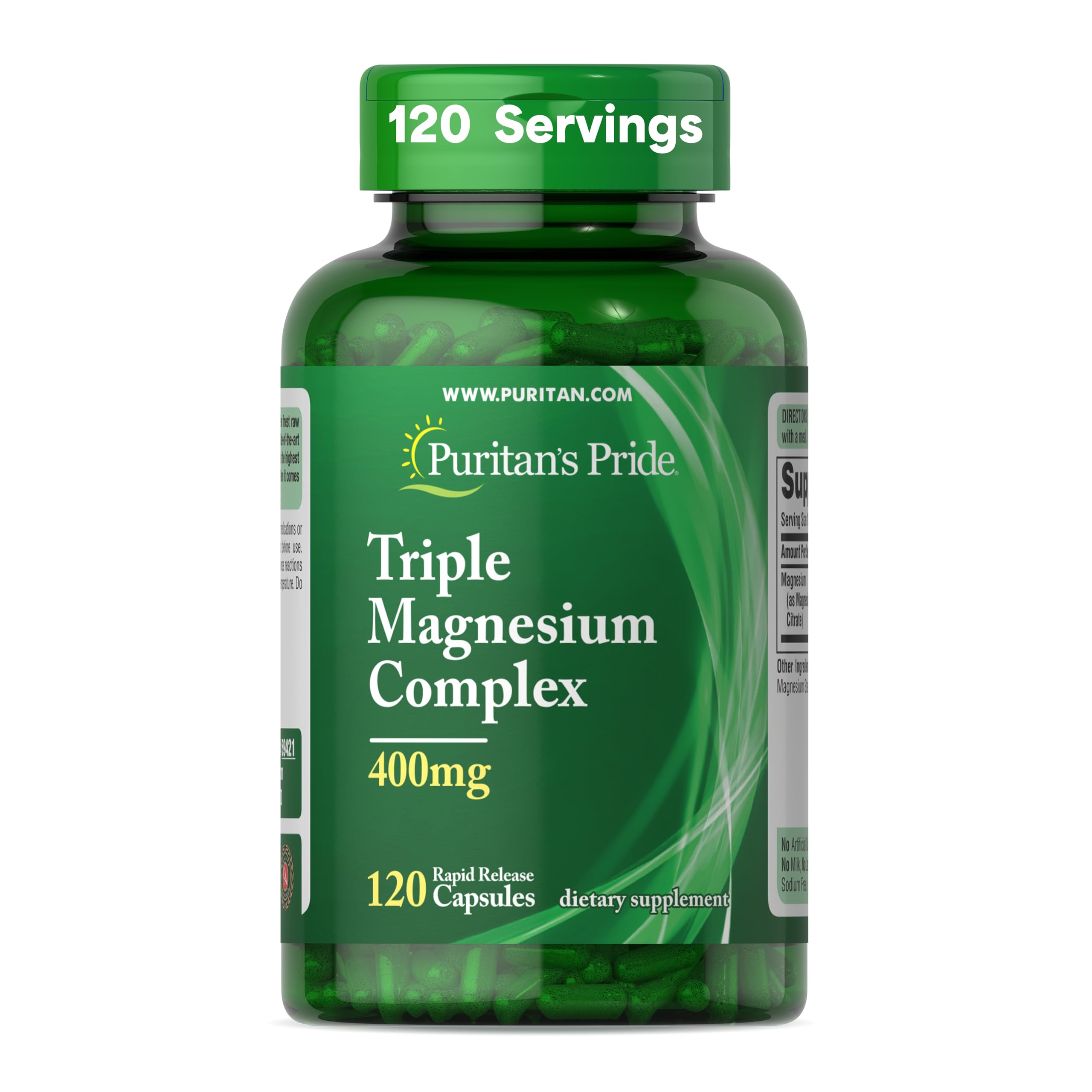 Puritan's Pride Triple Magnesium Oxido botella: apoya la función muscular y la salud ósea.